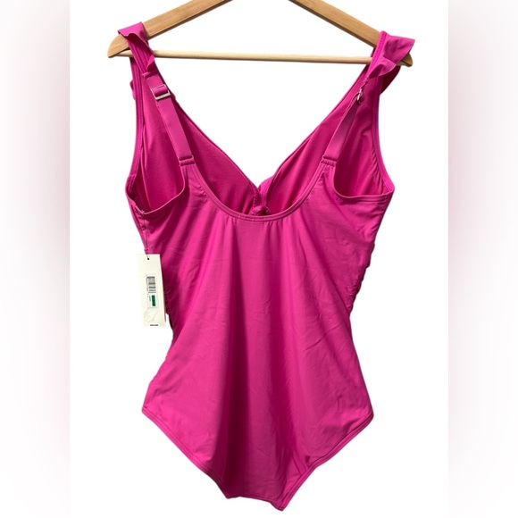 DKNY Ruffled Plunge V-Neck Shirred One-Piece Swimsuit - Picture 3 of 5